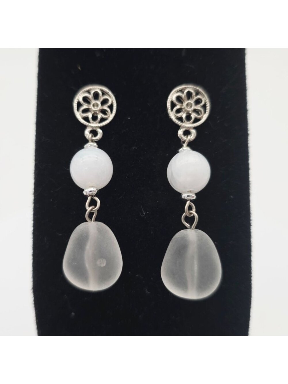 Vintage Dangling Earrings With Frosted Acrylic Beads & Filigree Studs 2"